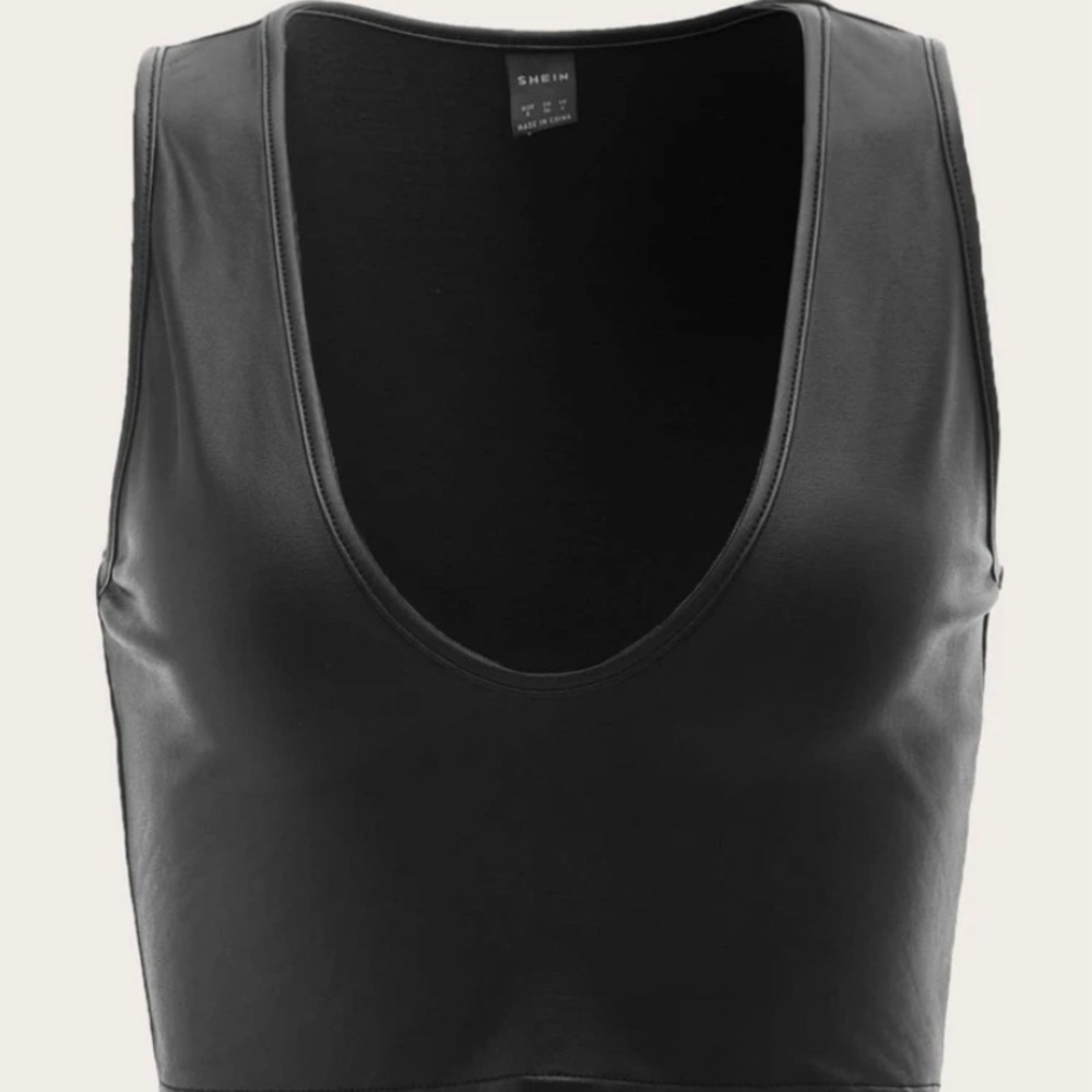 Black leather v-neck top
